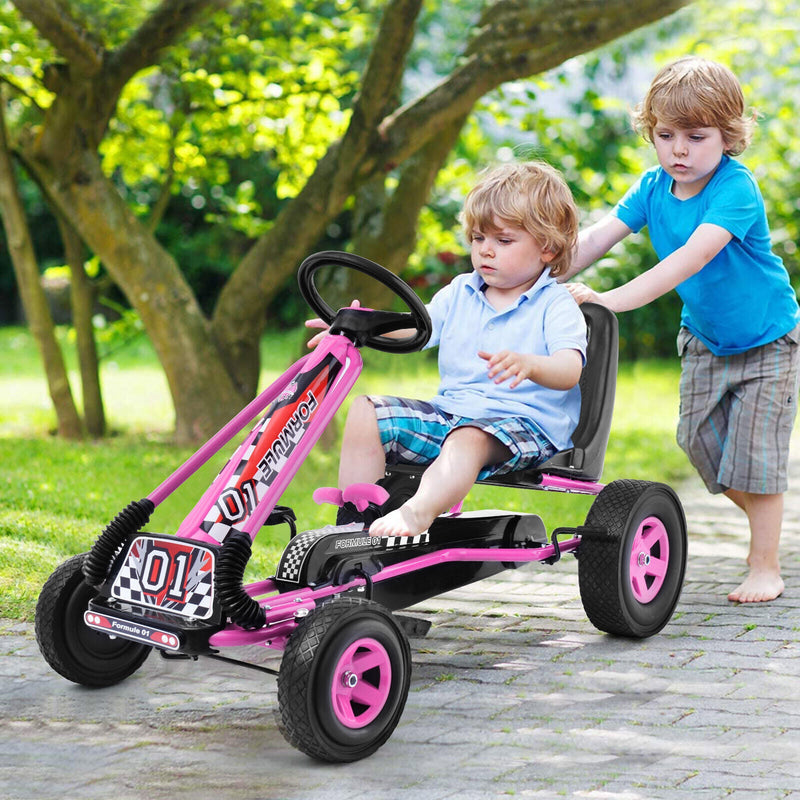 Pedal-Powered Pink Go Kart for Kids with Adjustable Seat - 4 Wheels Ride-On Toy