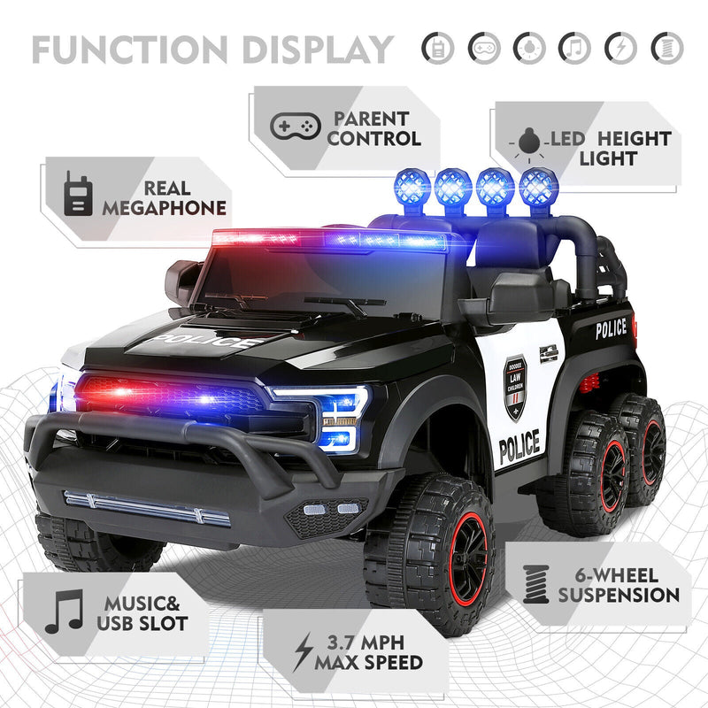 12V Electric Police Pickup Truck for Kids with Megaphone, Siren, and Flashing Lights - Remote Control Included