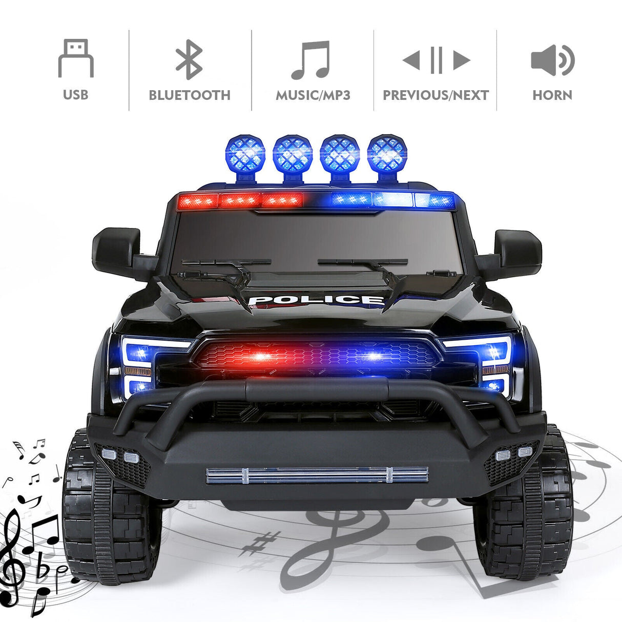 Electric Police Car Ride-On for Kids with 6 Wheels, LED Lights, Intercom, Siren, and Remote Control
