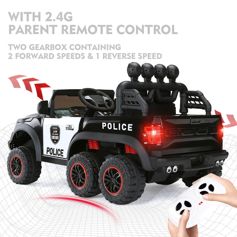 Electric Police Car Ride-On for Kids with 6 Wheels, LED Lights, Intercom, Siren, and Remote Control