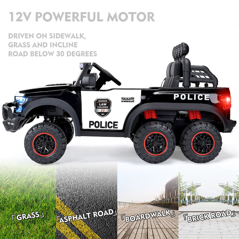 Police Car Truck for Kids with 12V Battery, 6 Wheels, LED Lights, Intercom, Siren, and Remote Control