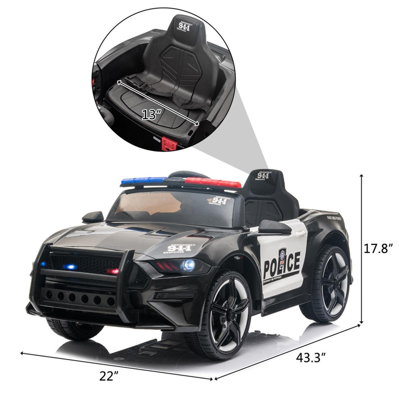 Police Electric Ride On Car for Kids with Remote Control - 12V Battery Powered in Black and White