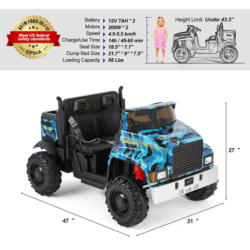 Powerful 24V 2-Seater Kids Ride On Dump Truck Tractor with Camo Design and 3 Speed Options, Includes Remote Control