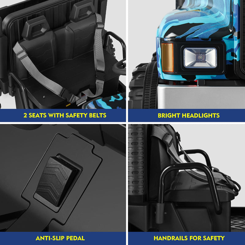 Powerful 24V 2-Seater Kids Ride On Dump Truck Tractor with Camo Design and 3 Speed Options, Includes Remote Control