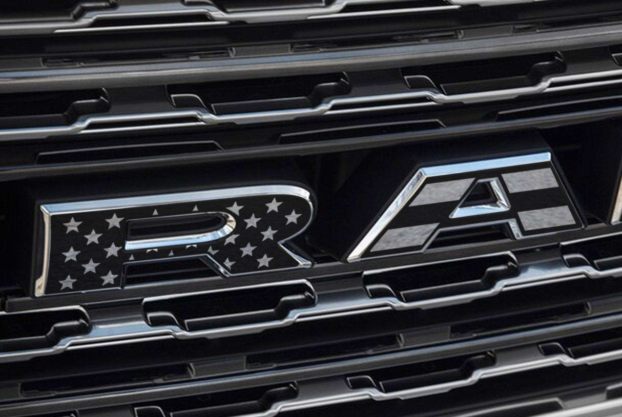 Premium Cast Matte Black Die-Cut Vinyl Flag Decals for 2019-2026 RAM Grille TVD Vinyl Decals