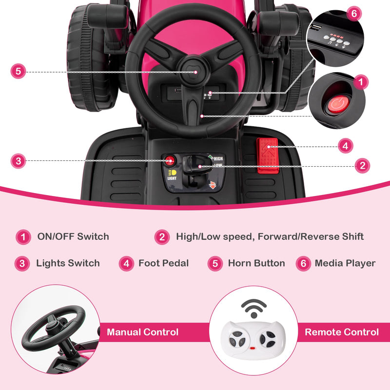 RC Electric Excavator Ride-On Toy Tractor for Kids with 2.4GHz Remote Control - 12V