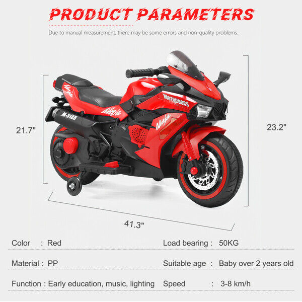 Red 12V Electric Motorbike for Kids with Training Wheels - Ride-On Motorcycle