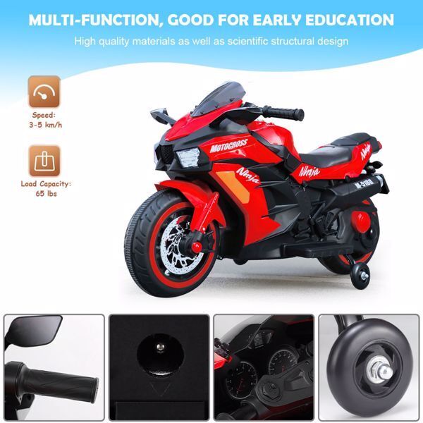 Red 12V Electric Motorbike for Kids with Training Wheels - Ride-On Motorcycle