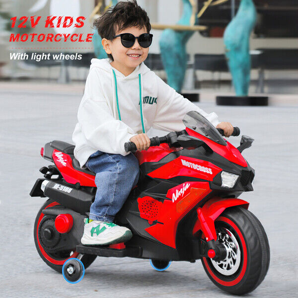 Red 12V Electric Motorbike for Kids with Training Wheels - Ride-On Motorcycle