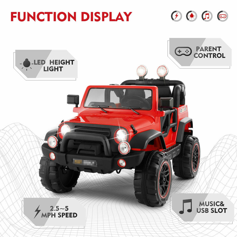 Red 12V Electric Ride-On Car with RC, LED Lights, USB, MP3, and Cover for Kids
