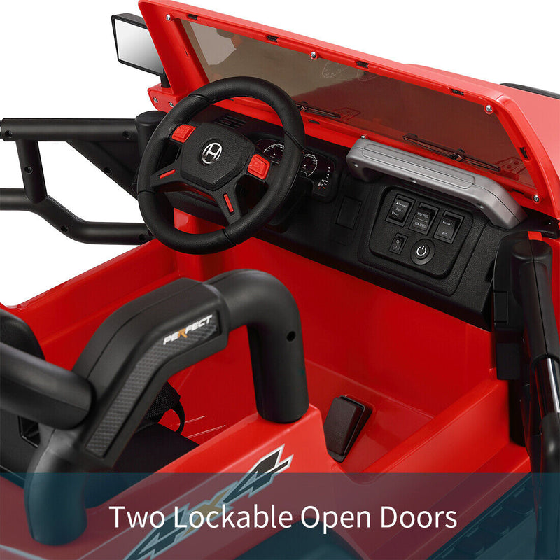 Red 12V Electric Ride-On Car with RC, LED Lights, USB, MP3, and Cover for Kids