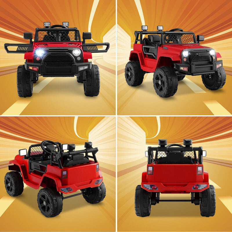Red 12V Electric Ride-On Truck for Kids with Remote Control, Lights, and Music