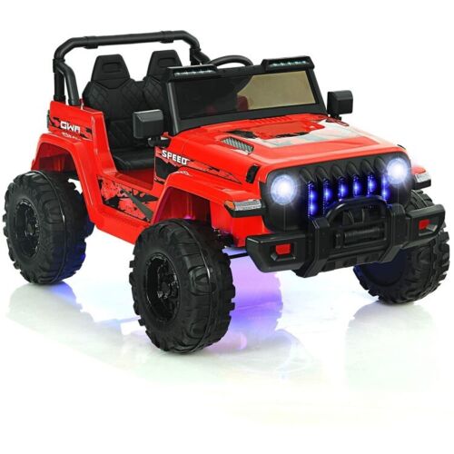Red 12V Electric Ride-On Truck with Remote Control and LED Lights for Kids