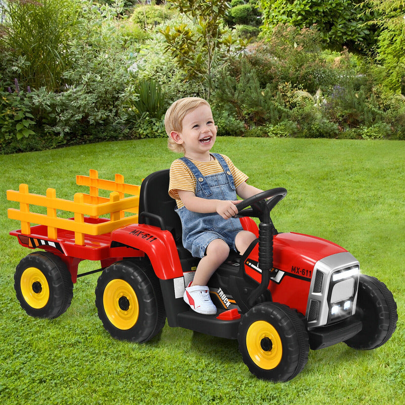 Red 12V Kids Ride On Tractor with Trailer and Remote Control - Featuring Ground Loader and Lights
