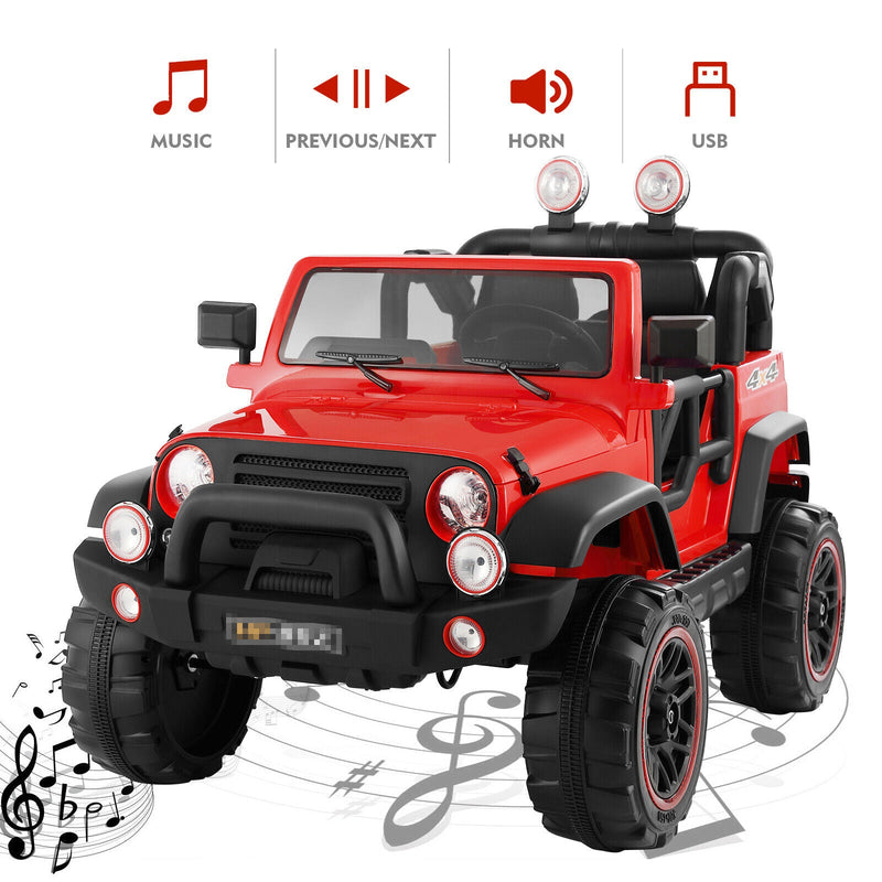 12V Two-Seater Electric Kids Ride On Car Truck with LED Lights, Music, Cover, and Remote Control