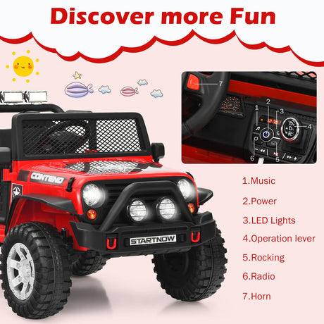 Red 12V Kids Ride On Truck with Remote Control, Lights, and Music