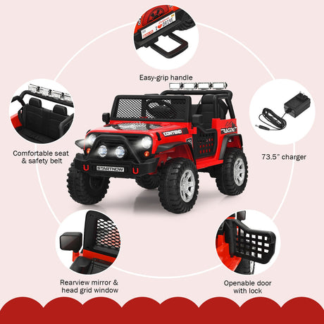 Red 12V Kids Ride On Truck with Remote Control, Lights, and Music