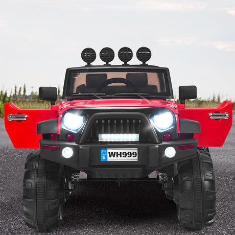 Red 12V RC Ride-On Truck with Spring Suspension, Lights, and Music for Kids