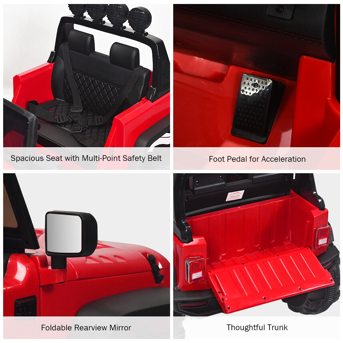 Red 12V RC Ride-On Truck with Spring Suspension, Lights, and Music for Kids