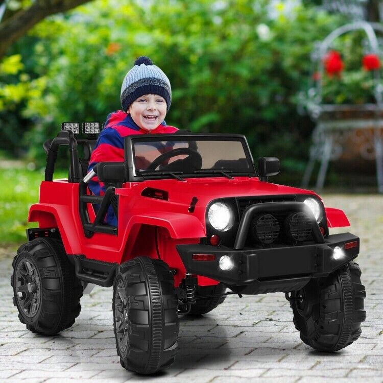 Red 12V Ride On Truck with Remote Control, MP3 Music, and LED Lights for Kids