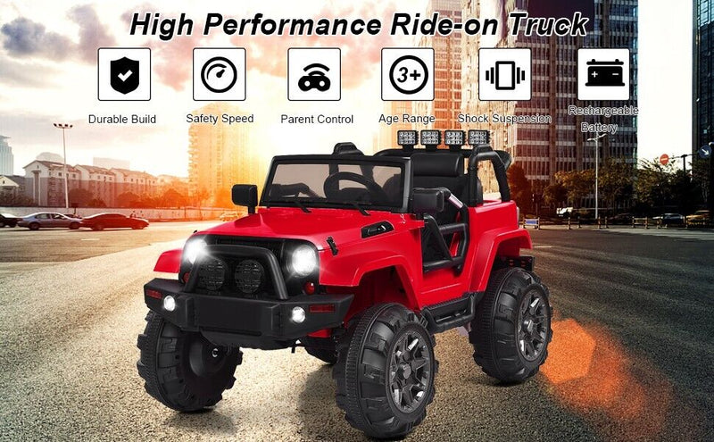 Red 12V Ride On Truck with Remote Control, MP3 Music, and LED Lights for Kids