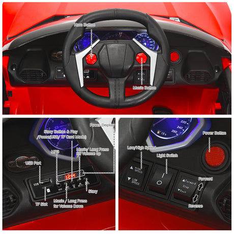 Red 2.4G RC Electric Ride-On Car for Kids with Light, Music, and Openable Doors
