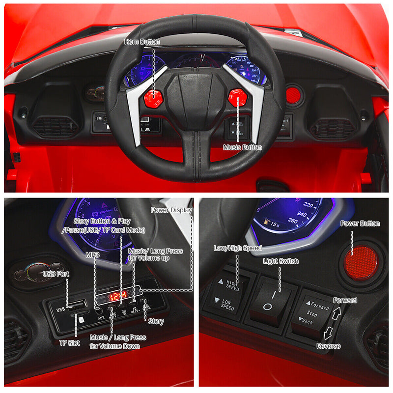Red 2.4G RC Electric Ride-On Car for Kids with Light, Music, and Openable Doors