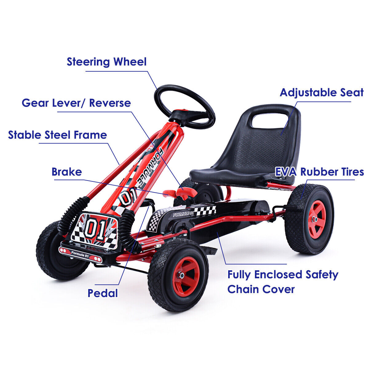 Red 4-Wheel Pedal Go Kart for Kids with Adjustable Seat - Honeyjoy Ride On Toy
