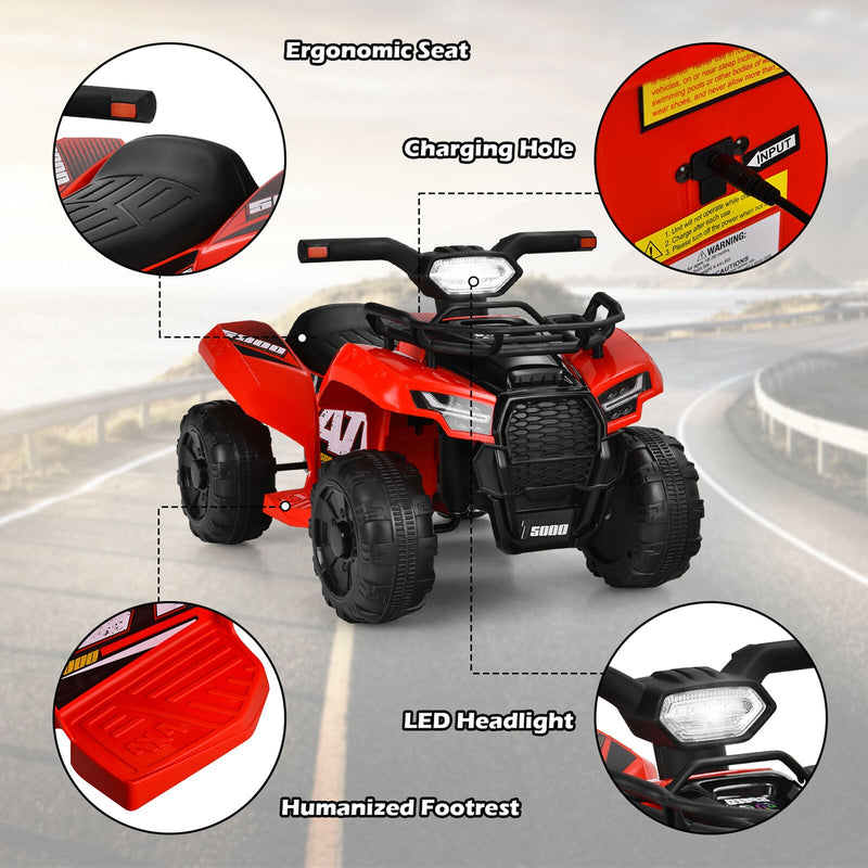 Red 6V Quad Ride-On Car for Kids with Music, Horn, and LED Lights