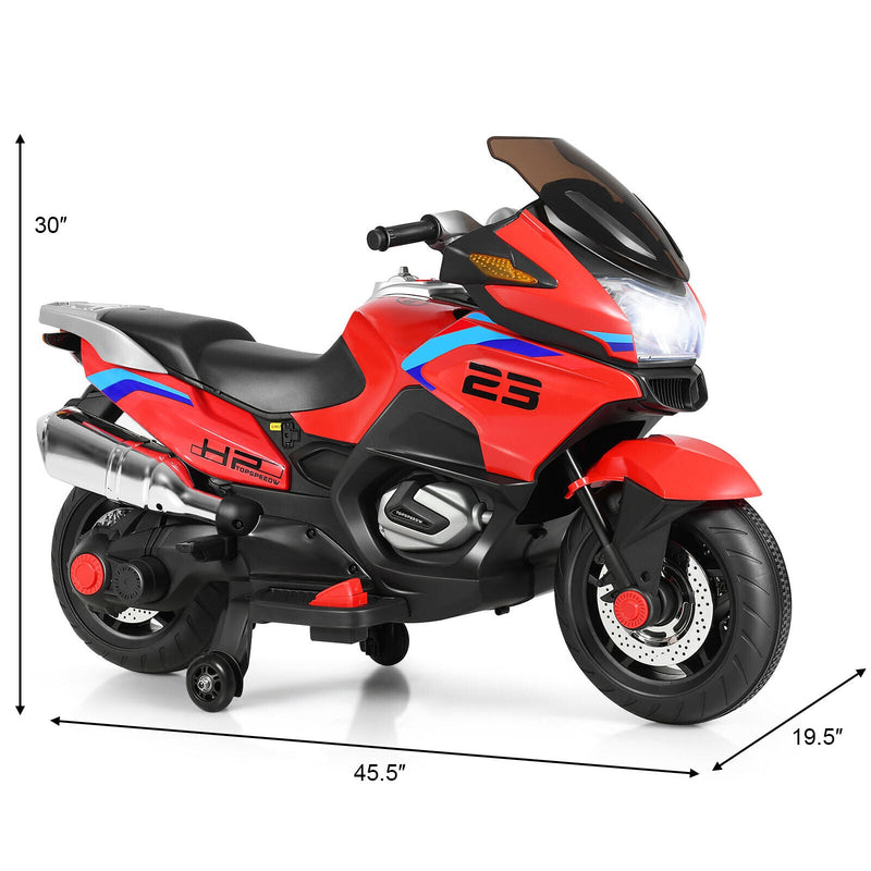Red Electric Motor Bike for Kids with Training Wheels and Lights - 12V Ride On Motorcycle