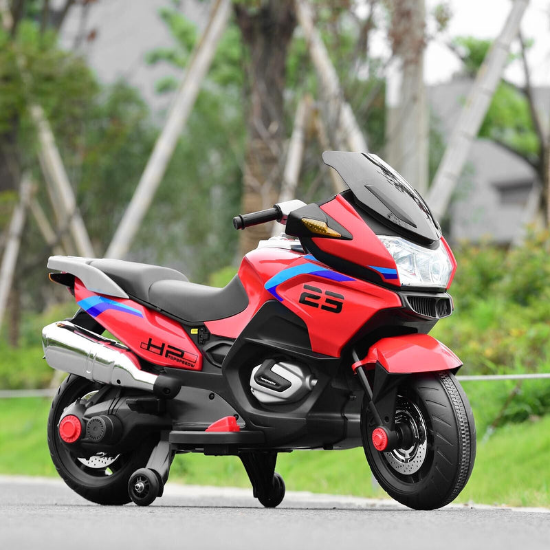 Red Electric Motor Bike for Kids with Training Wheels and Lights - 12V Ride On Motorcycle
