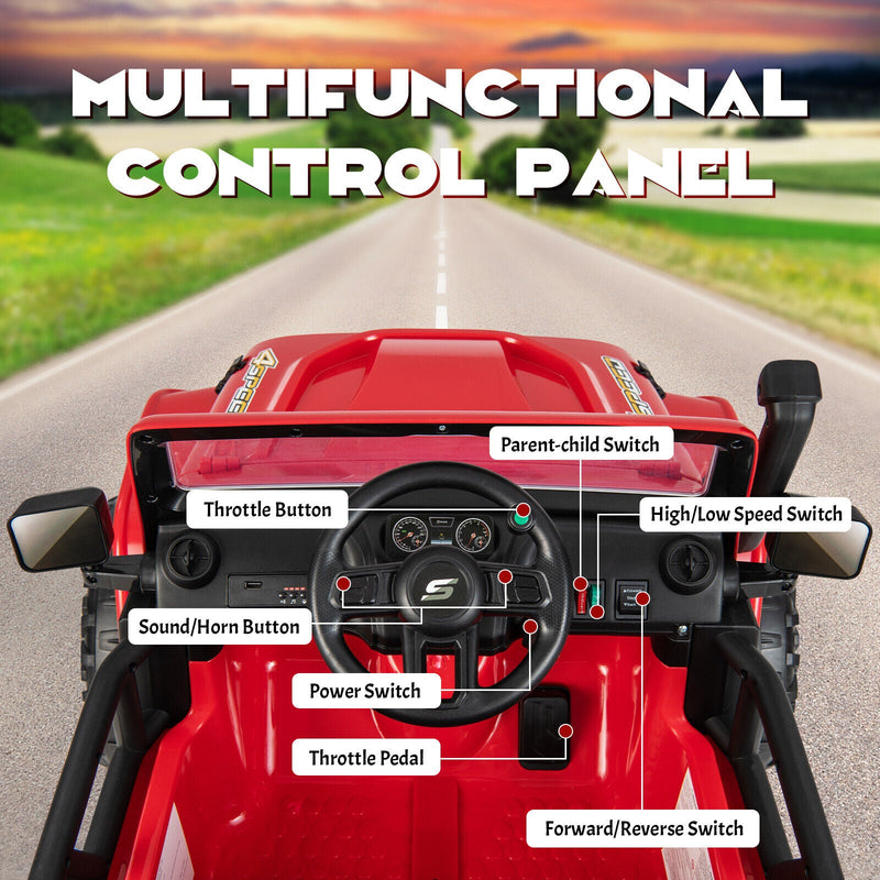 Red Parent-Child Ride On Truck Car with Remote Control, Music, and LED Lights - 12V 10AH