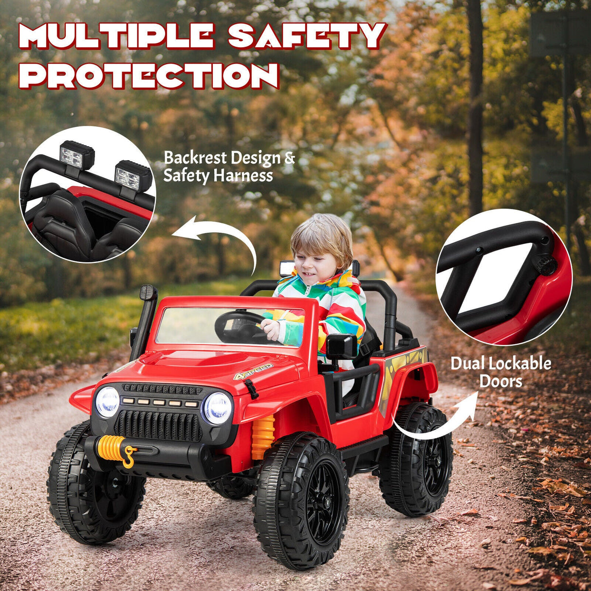 Red Parent-Child Ride On Truck with Remote Control, LED Lights, and Music - 12V 10AH