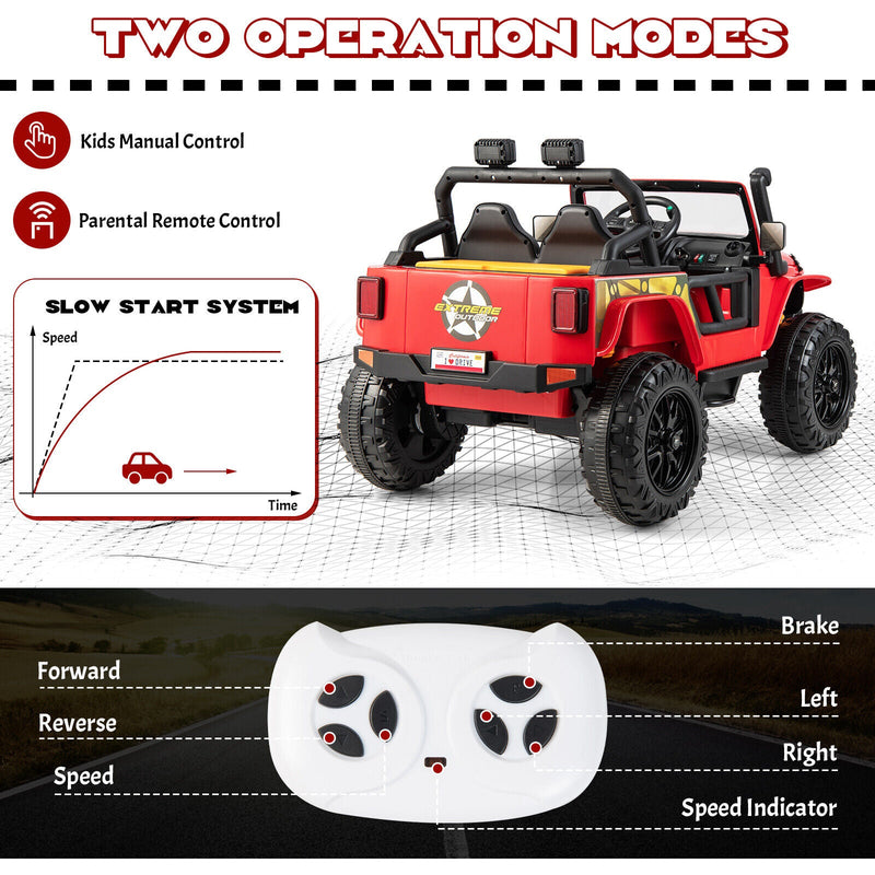Red Parent-Child Ride On Truck with Remote Control, LED Lights, and Music - 12V 10AH