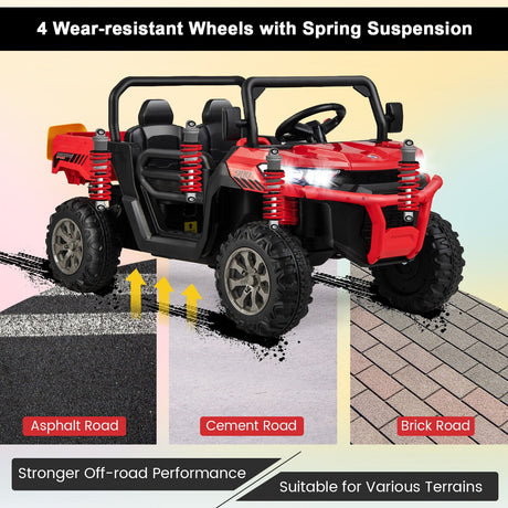 Red Ride-On Dump Truck with Dump Bed, Safety Belt, and Lockable Doors - 12V