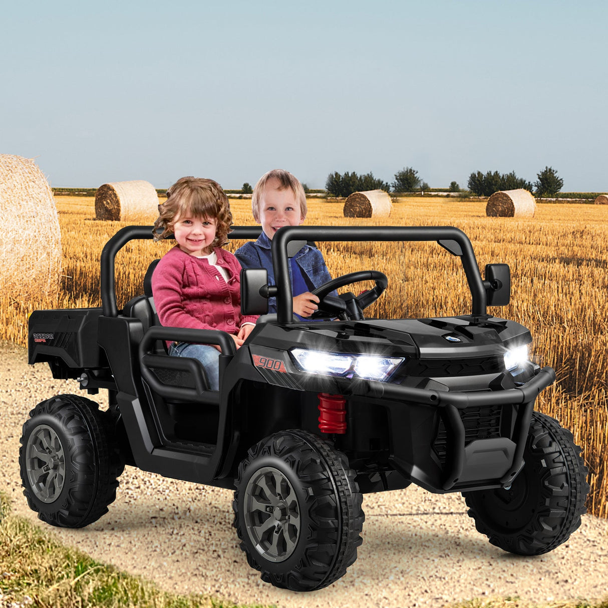 Remote Control Dump Truck with LED Headlights and Rear View Mirrors - 12V Ride-On Toy