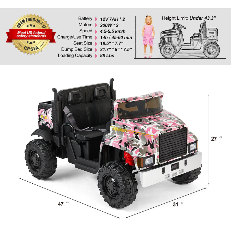 Camo Pink Ride-On Tractor with Trailer, Dump Bed, RC Control, and Bluetooth - 3 Speed Options