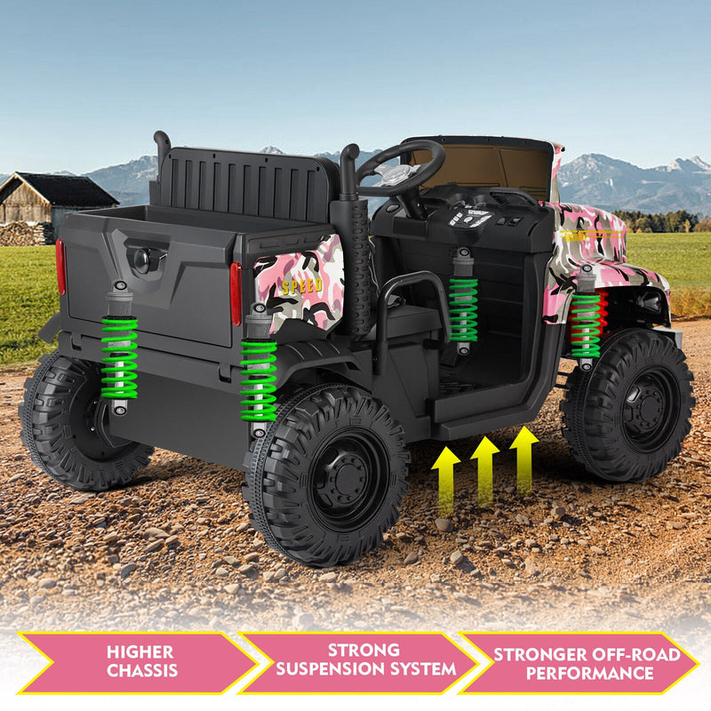 Camo Pink Ride-On Tractor with Trailer, Dump Bed, RC Control, and Bluetooth - 3 Speed Options