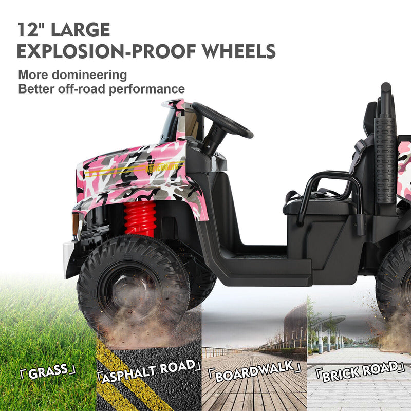 Camo Pink Ride-On Tractor with Trailer, Dump Bed, RC Control, and Bluetooth - 3 Speed Options