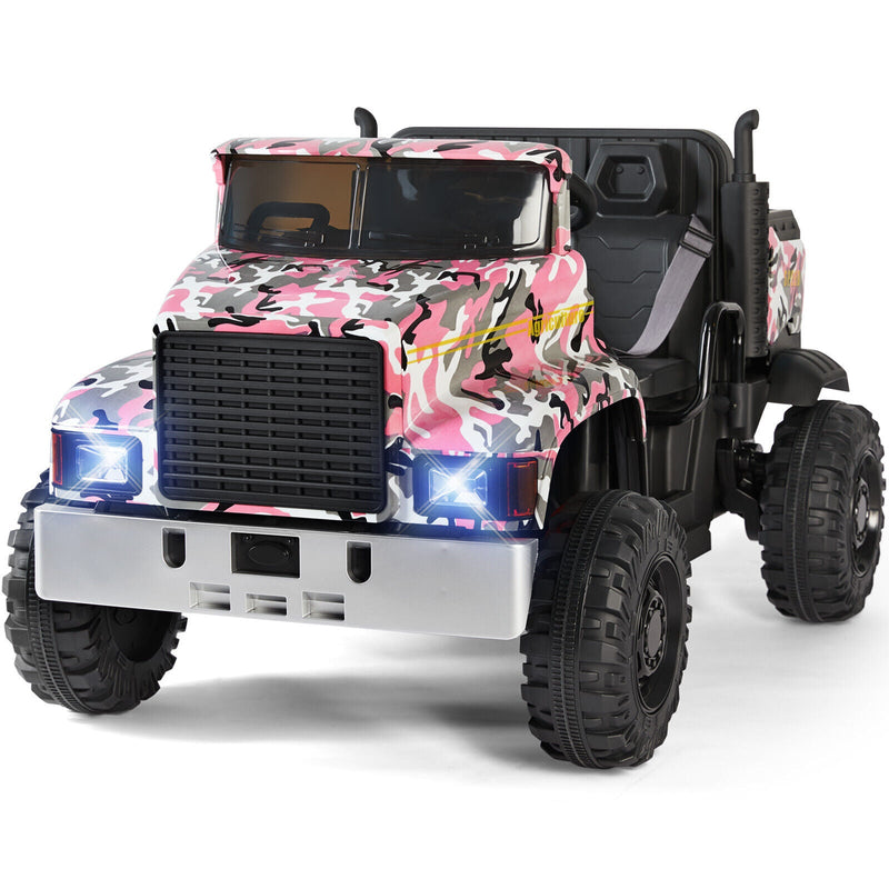 Camo Pink Ride-On Tractor with Trailer, Dump Bed, RC Control, and Bluetooth - 3 Speed Options