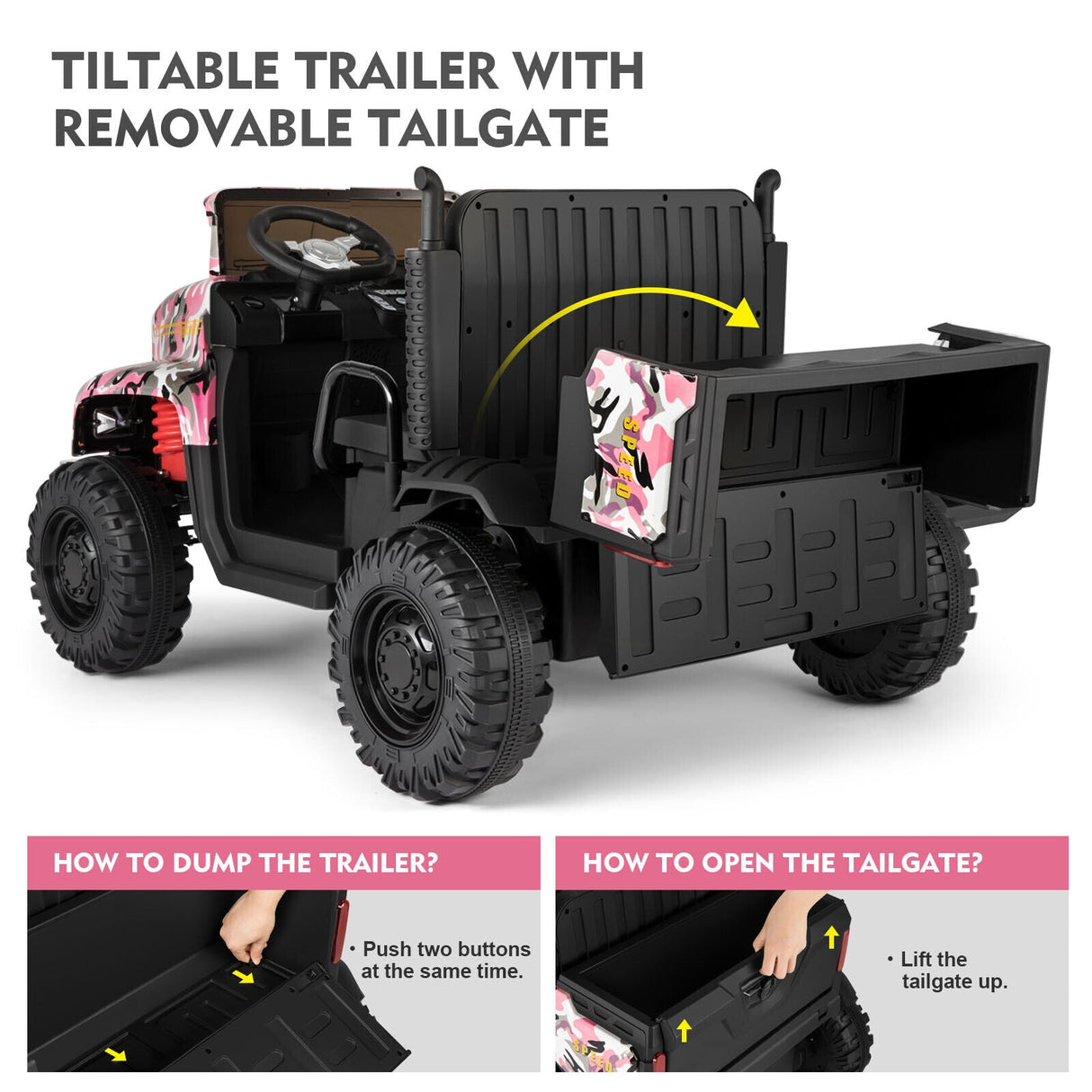 Camo Pink Ride-On Tractor with Trailer, Dump Bed, Bluetooth, and Remote Control - 3 Speed Options