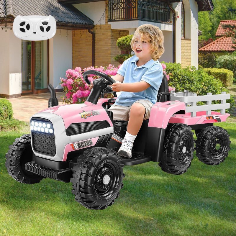 Remote Control Electric Tractor Car with Trailer for Kids - 12V Ride-On Toy
