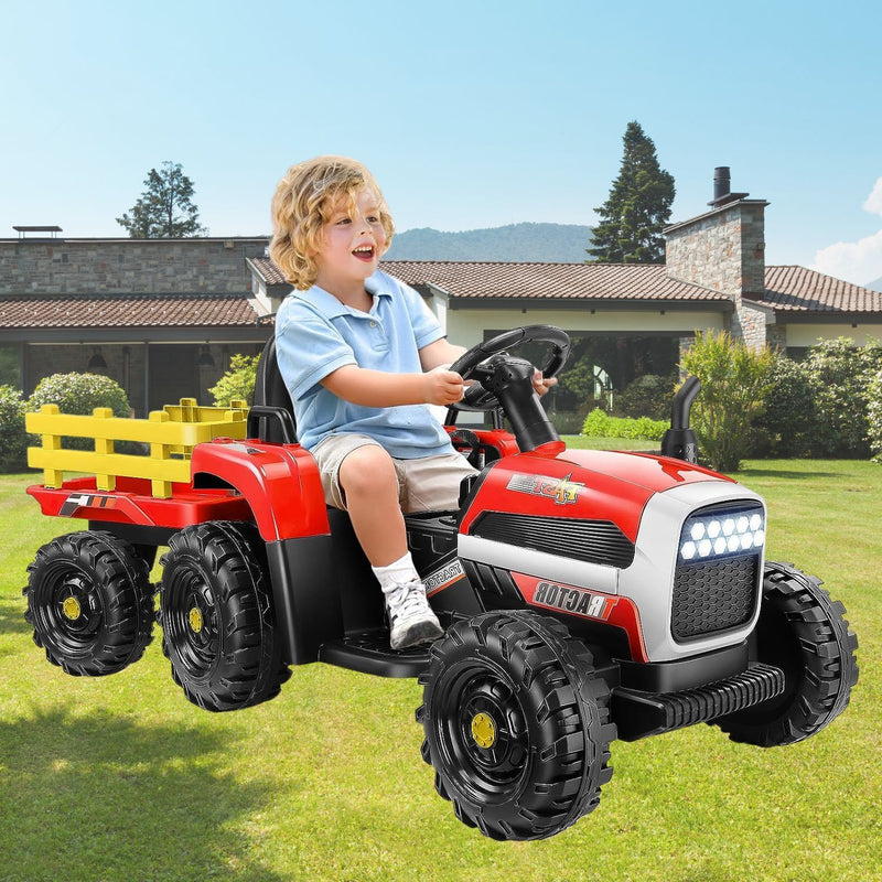 Remote Control Electric Tractor Car with Trailer for Kids - 12V Ride-On Toy