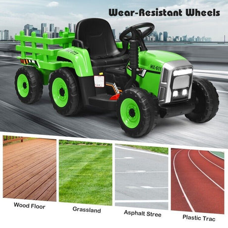 Remote Control Ride-On Tractor with Trailer and Lights for Kids - 12V Ground Loader