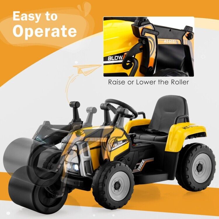 Remote Control Road Roller Ride-On Truck for Kids with Wide Seat