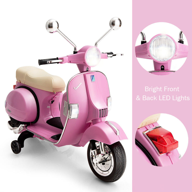 Ride in Style: Pink 6V Kids Vespa Scooter with Training Wheel and Headlight