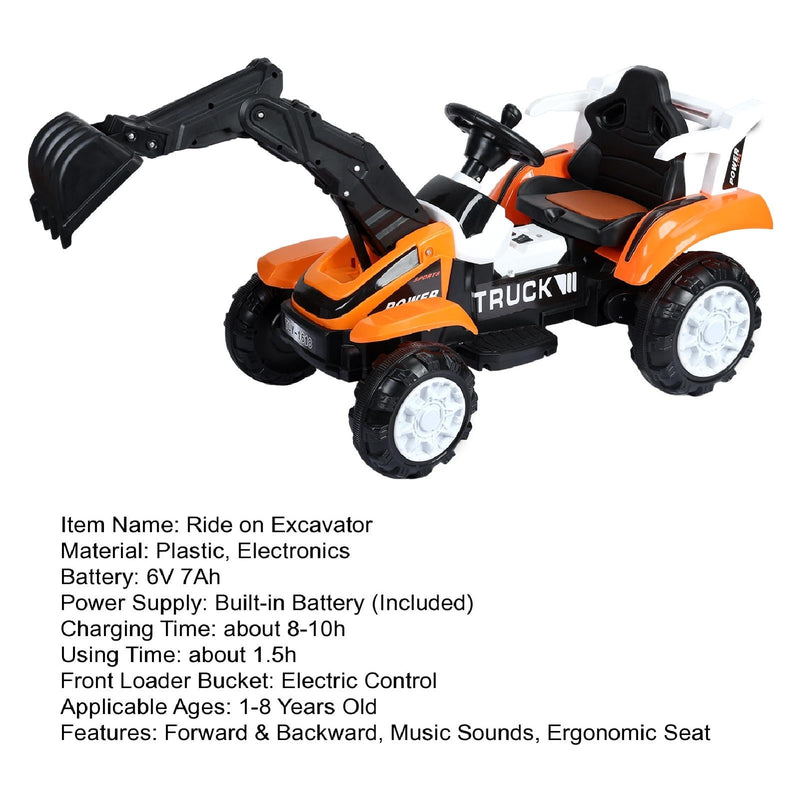Electric Ride-On Excavator Digger with Motorized Arm and Music Sounds Construction Vehicle