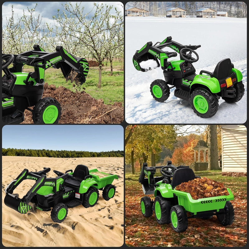 12V Electric Ride-On Excavator with Detachable Trailer and Remote Control