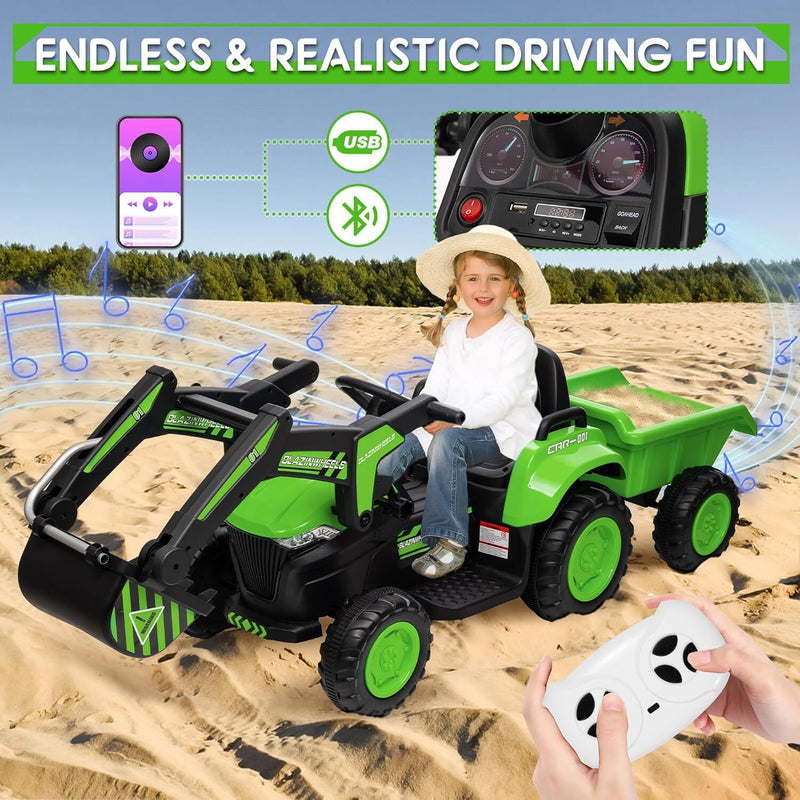 12V Electric Ride-On Excavator with Detachable Trailer and Remote Control