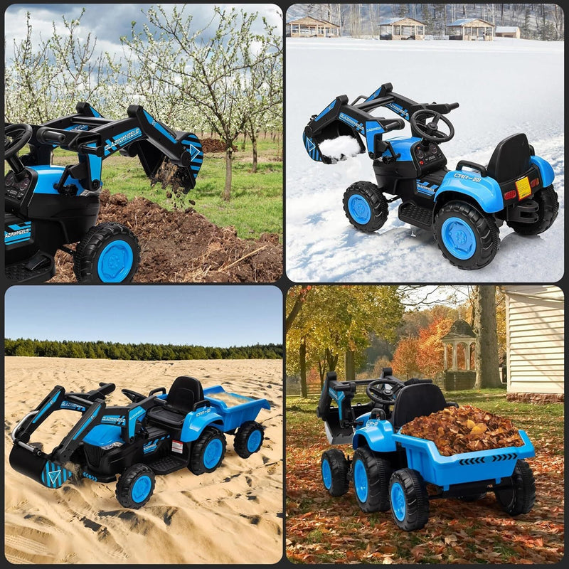 12V Electric Ride-On Excavator with Detachable Trailer and Remote Control